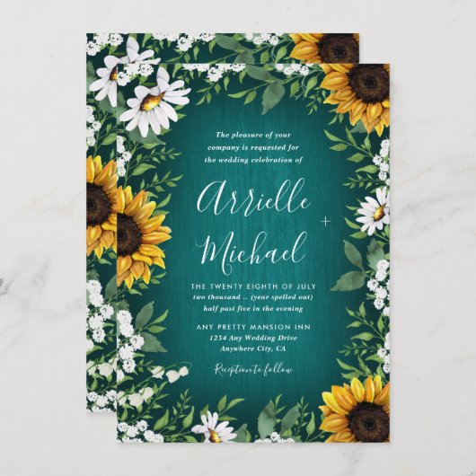 Turquoise zonnebloem rustieke bruiloft uitnodiging (Voorkant / Achterkant)