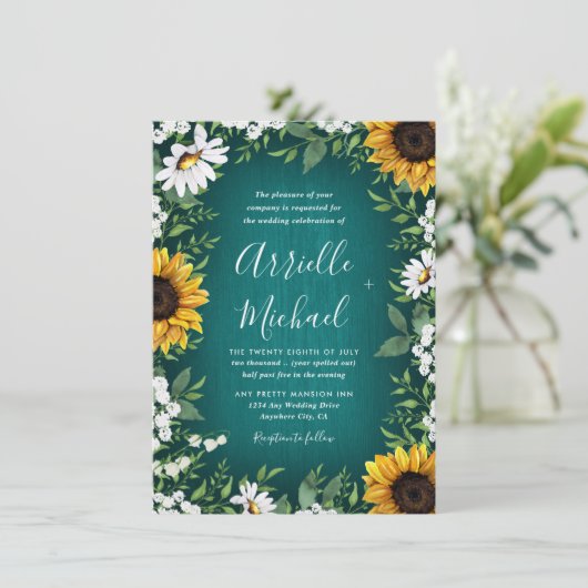 Turquoise zonnebloem rustieke bruiloft uitnodiging (Staand voorkant)