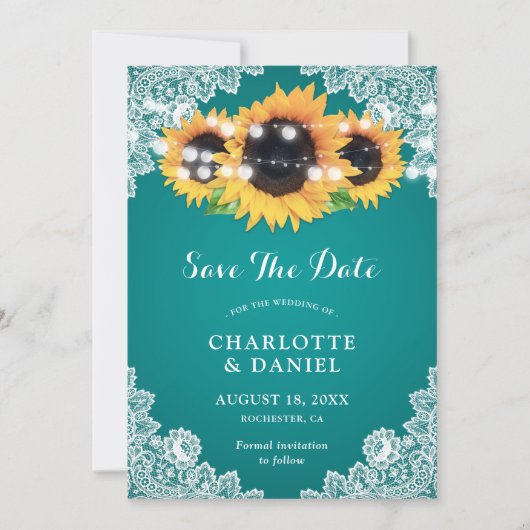 Turquoise zonnebloem slingerlichtjes rustieke bloe save the date (Voorkant)