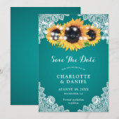 Turquoise zonnebloem slingerlichtjes rustieke bloe save the date (Voorkant / Achterkant)
