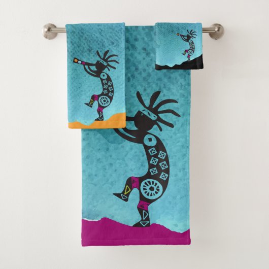 Turquoise Zuidwesterse Kokopelli Badhanddoekenset Bad Handdoek (Insitu)