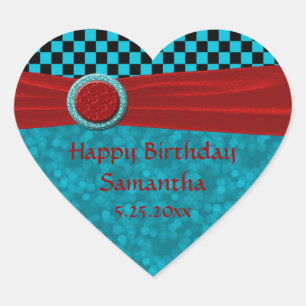 Turquoise Zwart Checks & Red Heart Hart Sticker