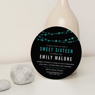 Turquoise & Zwart Confetti Garland Sweet Sixteen Kaart