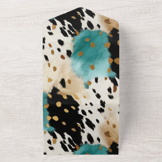 Turquoise Zwart Cream Goud Western Koeienhuid All In One Uitnodiging (Buitenkant)