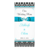 Turquoise, zwart Damask Love Hearts Bruiloft Menu (Voorkant)
