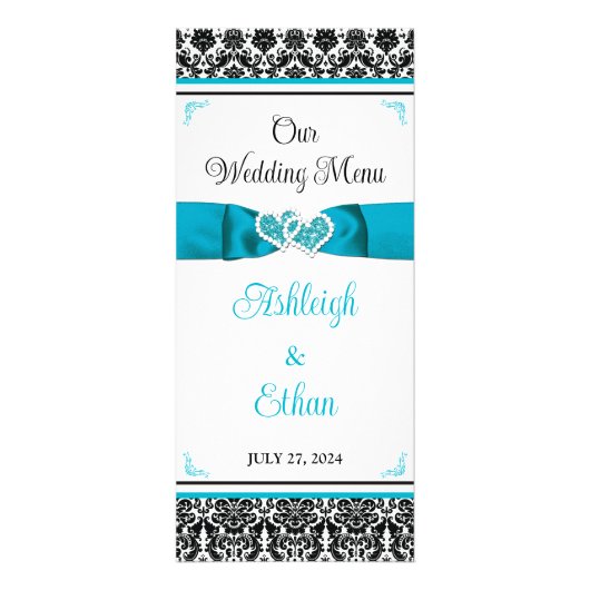 Turquoise, zwart Damask Love Hearts Bruiloft Menu (Voorkant)