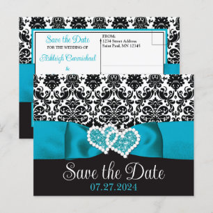 Turquoise, zwart Damask Love Hearts Save the Date Briefkaart