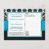 Turquoise, zwart Damask Love Hearts Save the Date Briefkaart (Achterkant)