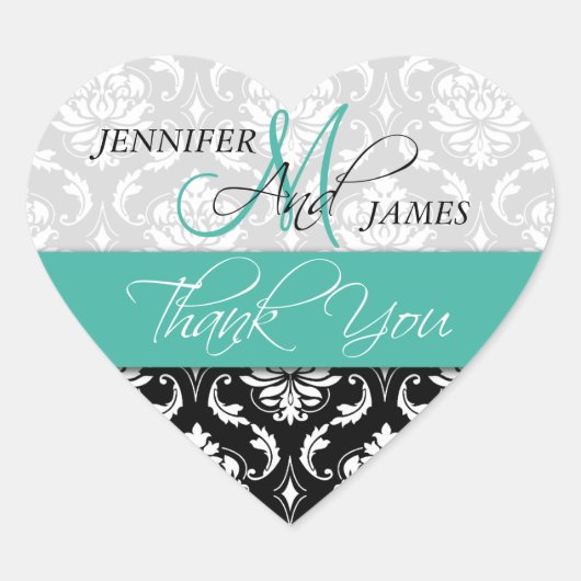 Turquoise Zwart Damask Trouwgunst Hart Sticker (Voorkant)