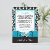 Turquoise, zwart damast, liefdesharten behuizing RSVP kaartje (Staand voorkant)