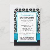 Turquoise, zwart damast, liefdesharten behuizing RSVP kaartje (Achterkant)