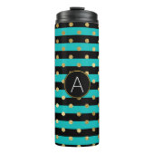 Turquoise, zwart en goudfolie Polka Dot Monogram Thermosbeker (Voorkant)