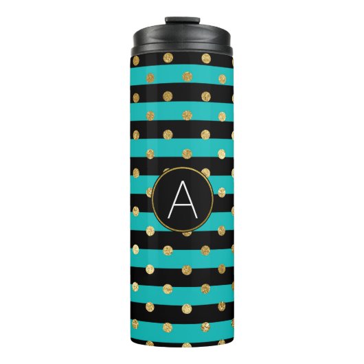 Turquoise, zwart en goudfolie Polka Dot Monogram Thermosbeker (Voorkant)