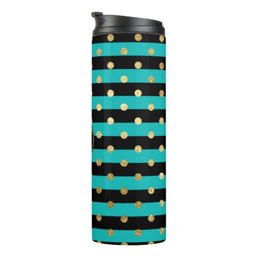 Turquoise, zwart en goudfolie Polka Dot Monogram Thermosbeker (Geroteerd rechts)