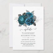 Turquoise, Zwart en Zilveren Bloemen Bruiloft Upda Kaart (Voorkant)