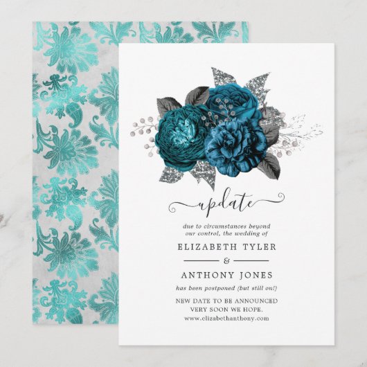Turquoise, Zwart en Zilveren Bloemen Bruiloft Upda Kaart (Voorkant / Achterkant)