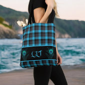 Turquoise zwart geruite pauwenveren monogram tote bag