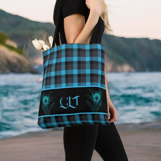 Turquoise zwart geruite pauwenveren monogram tote bag