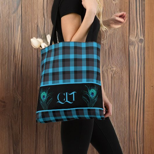 Turquoise zwart geruite pauwenveren monogram tote bag
