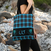 Turquoise zwart geruite pauwenveren monogram tote bag
