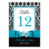 Turquoise, zwart liefde harten bruiloft tafel numm kaart (Achterkant)