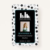 Turquoise Zwart Poot Print & Logo Hondengroomer ID Badge (Voorkant)