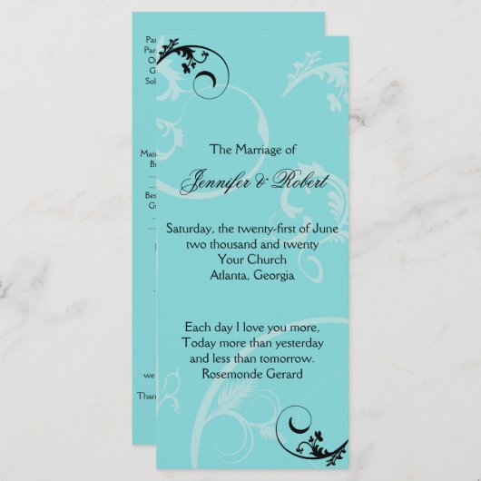 Turquoise zwart werveling bloeien bruiloft program programmakaart (Voorkant / Achterkant)