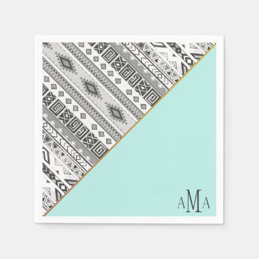 Turquoise zwart wit Azteekse tribal monogram Servet (Voorkant)