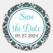 Turquoise, zwart, wit Damask bruiloft Ronde Sticker (Voorkant)