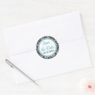 Turquoise, zwart, wit Damask bruiloft Ronde Sticker