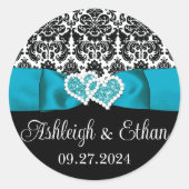 Turquoise, zwart, wit Damask Love Hearts Bruiloft Ronde Sticker (Voorkant)
