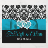 Turquoise, zwart, wit Damask Love Hearts Bruiloft Sparkling Wijnetiket (Enkel label)