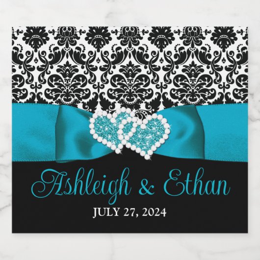 Turquoise, zwart, wit Damask Love Hearts Bruiloft Sparkling Wijnetiket (Enkel label)