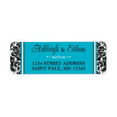 Turquoise, zwart wit damast trouwadres etiket (Voorkant)