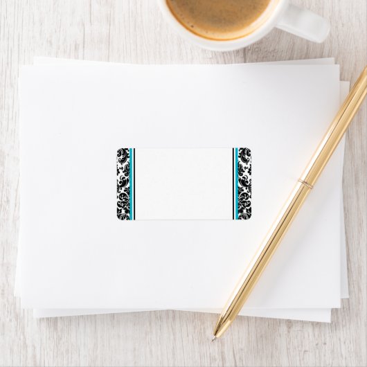 Turquoise, zwart wit damast trouwadres etiket (Insitu)