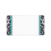 Turquoise, zwart wit damast trouwadres etiket (Voorkant)
