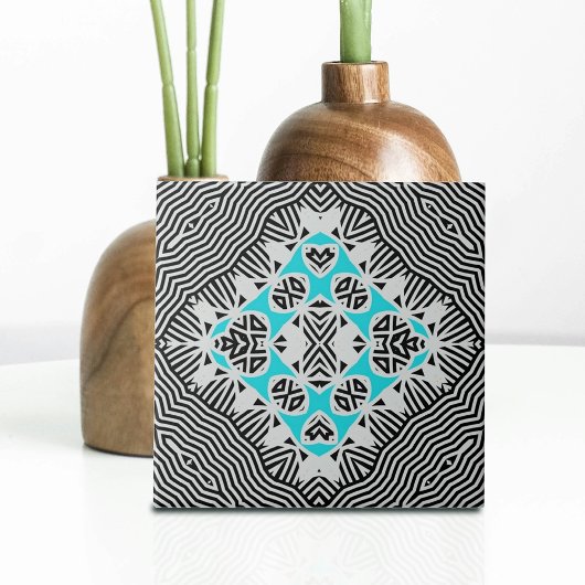 Turquoise zwart wit geometrische dynamische lijnen tegeltje