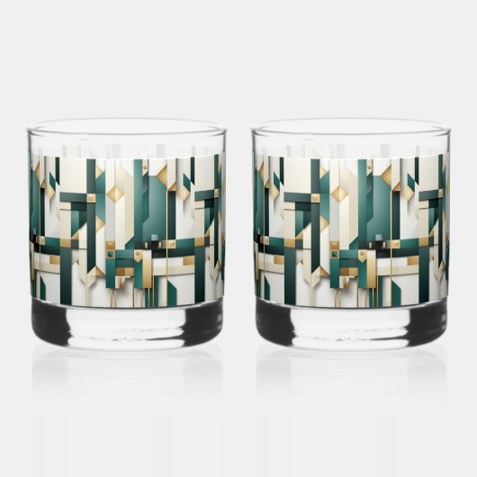 Turquoise Zwart Wit Goud Modern Geometrisch  Whisky Glas (Voorkant)