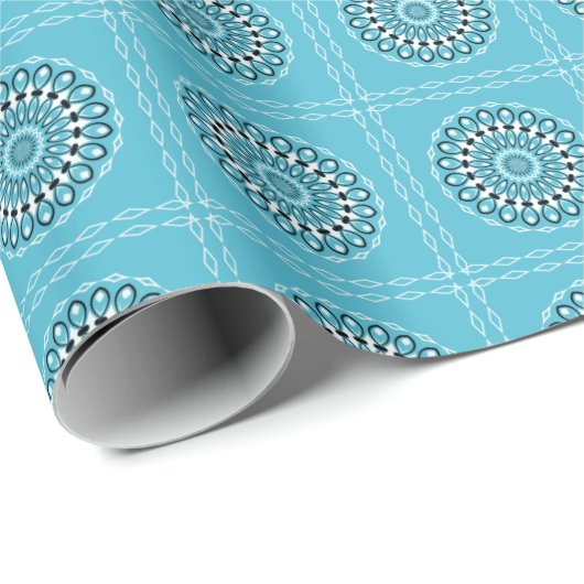 Turquoise, zwart-wit Mandala Kaleidoscope Cadeaupapier (Rol Hoek)