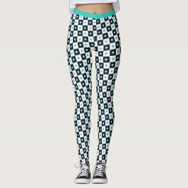 Turquoise zwart wit sterren vierkant patroon fitne leggings