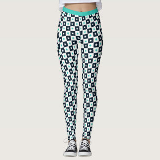 Turquoise zwart wit sterren vierkant patroon fitne leggings