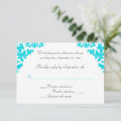 Turquoise, Zwart, Witte Damask RSVP kaart (Staand voorkant)