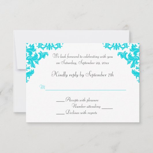 Turquoise, Zwart, Witte Damast RSVP Kaart (Voorkant)