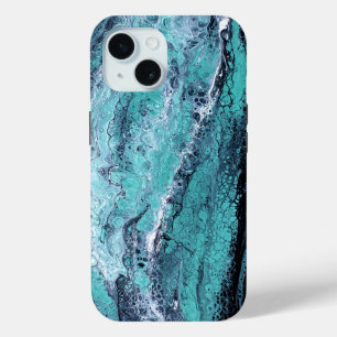 Turquoise & Zwarte Abstracte Marmer iPhone 15 Case