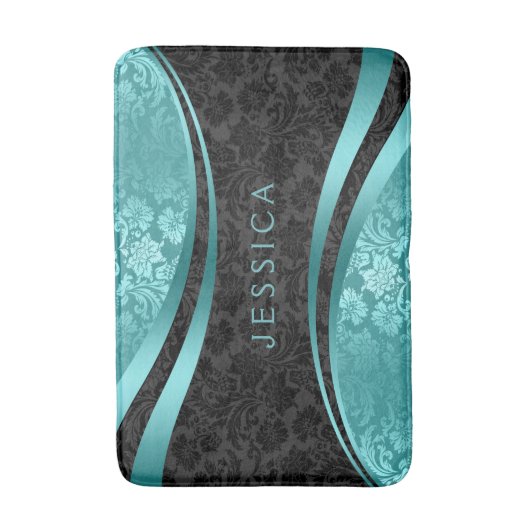 Turquoise & Zwarte Bloemen Damasks Badmat (Voorkant Verticaal)