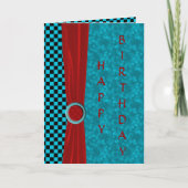 Turquoise zwarte cheques & rood Happy Birthday Kaart (Voorkant)
