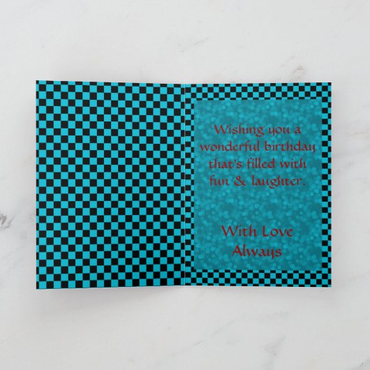 Turquoise zwarte cheques & rood Happy Birthday Kaart (Binnen)