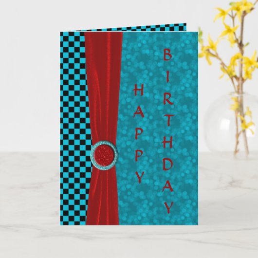 Turquoise zwarte cheques & rood Happy Birthday Kaart (Gele Bloem)