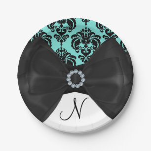 Turquoise & Zwarte Damast Bling Boog Glam Zoete 16 Papieren Bordje