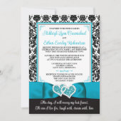 Turquoise, Zwarte Damast Liefdes Hartjes Bruiloft Kaart (Voorkant)